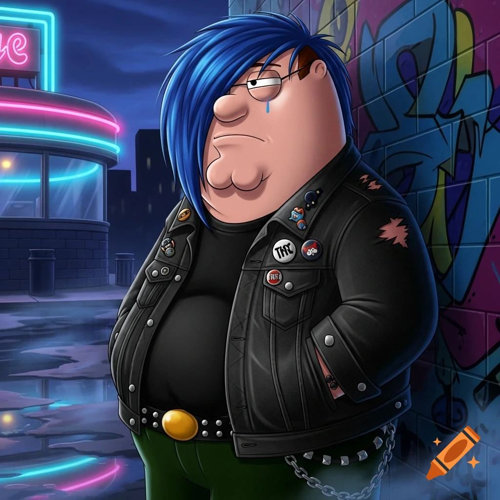 Emo Peter Griffin with blue hair, wearing a black studded leather jacket with pins, leaning against a graffiti-covered wall at night. A neon sign is in the background.