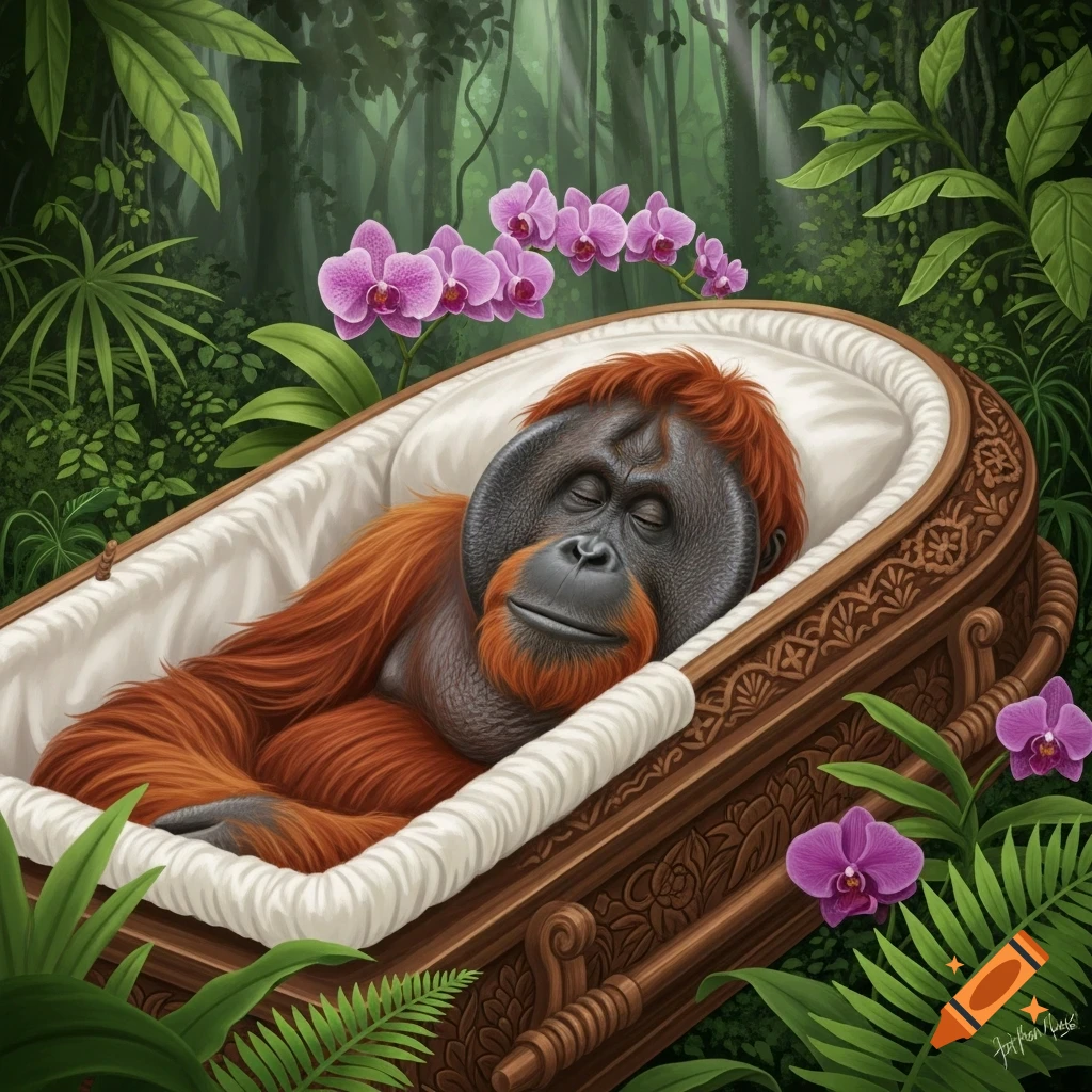 A calm orangutan lies in a decorated wooden casket surrounded by purple orchids and green jungle plants.