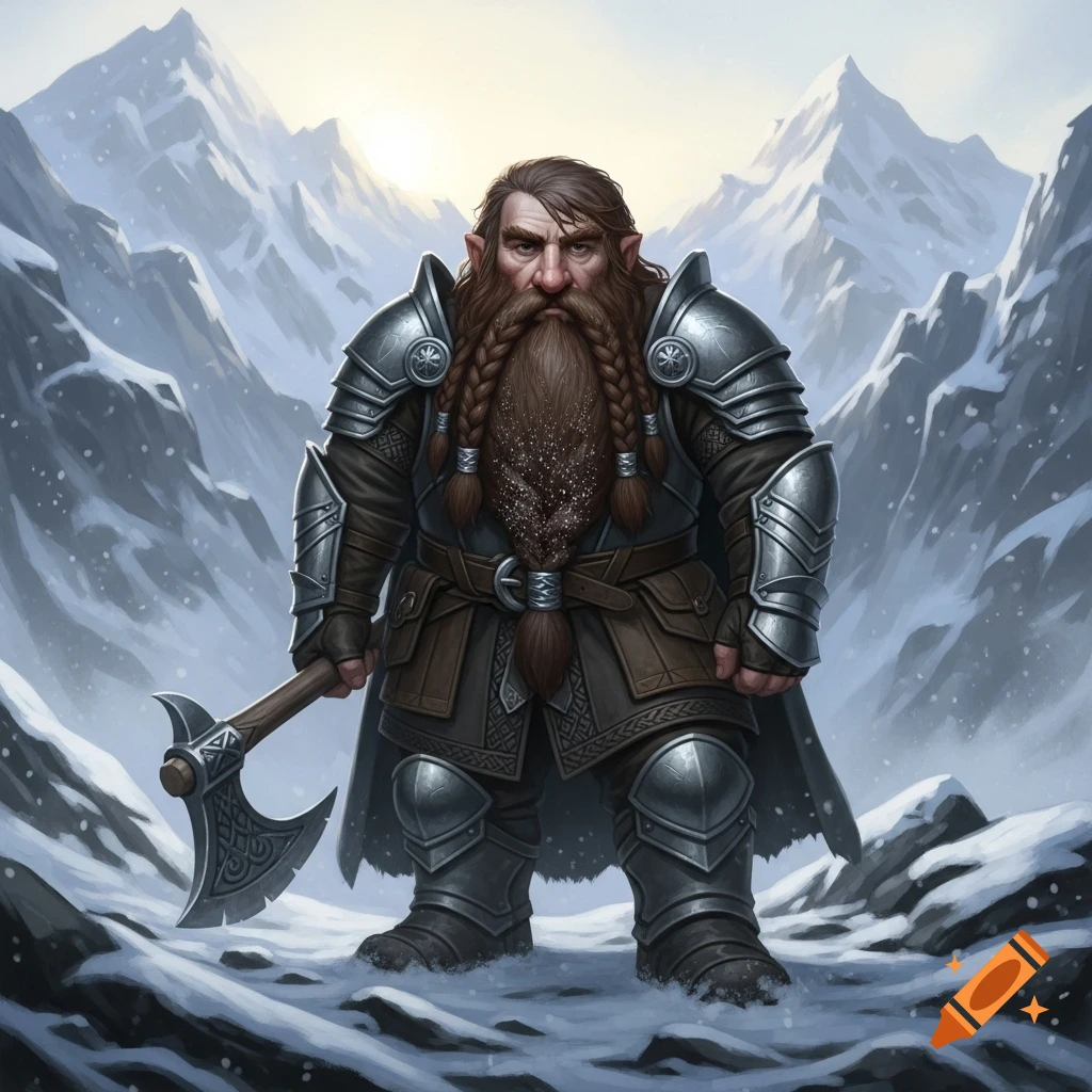 A formidable dwarf warrior with a long braided beard, wearing ornate armor, stands in a snowy mountain landscape, holding an axe.