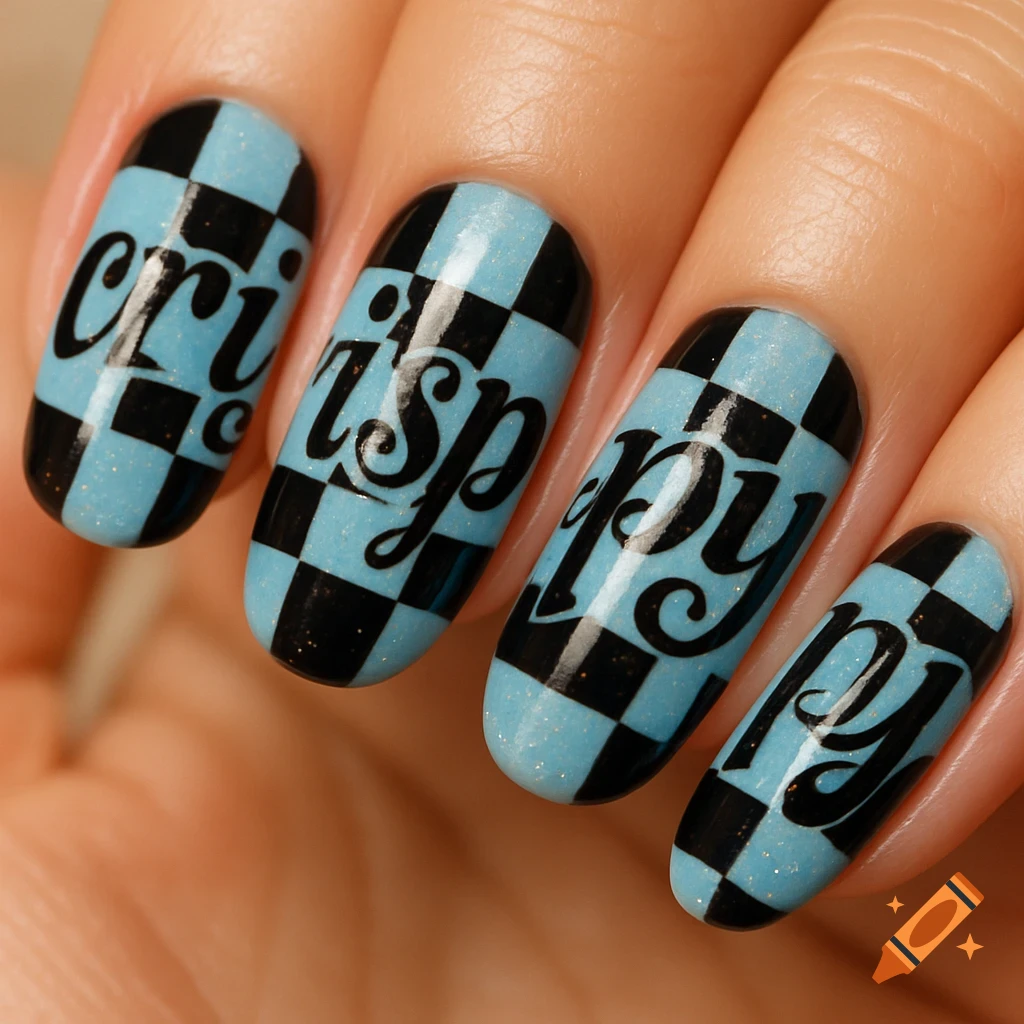 Close-up of a hand with fingernails painted in a light blue and black checkered pattern, with the word 'crispy' written across them in black script.