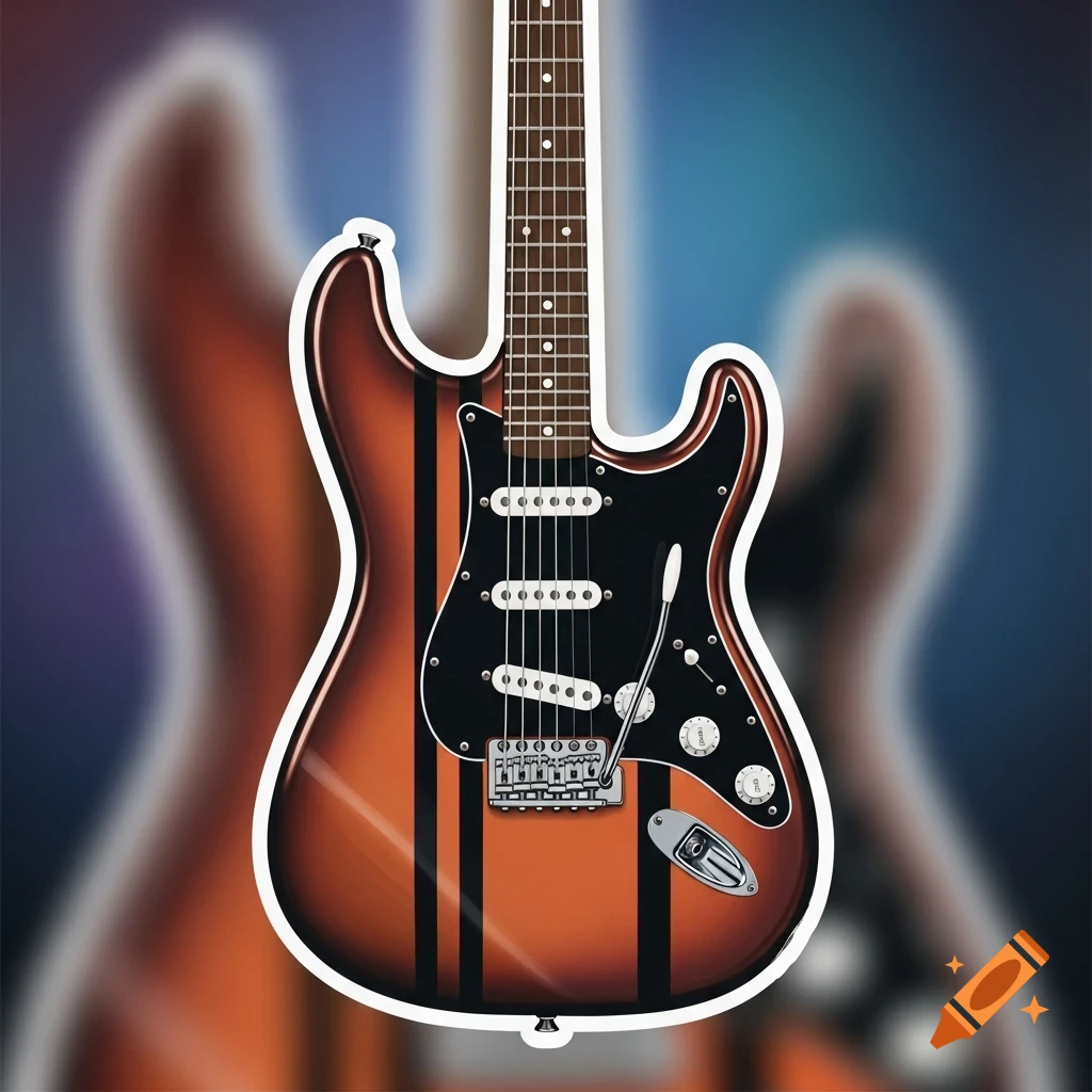 A close-up illustration of a Fender Stratocaster-style electric guitar with a copper body, black stripes, and a white border.
