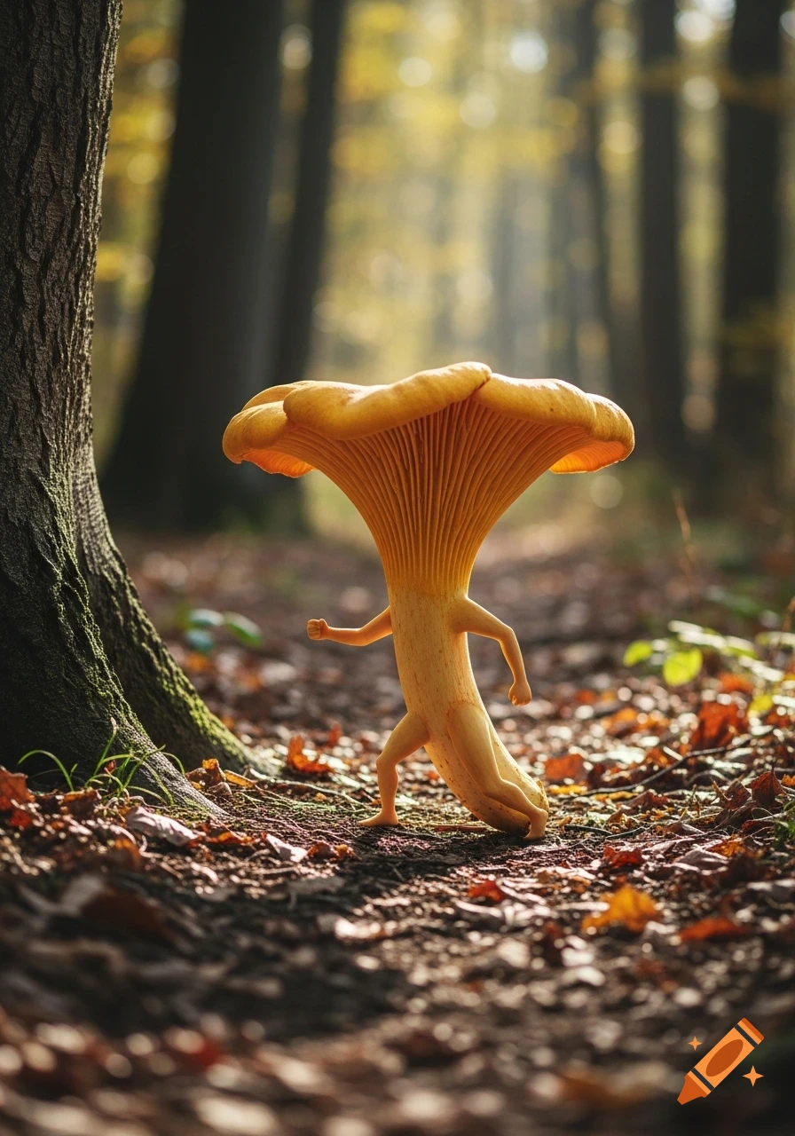 A photorealistic chanterelle mushroom with human-like arms and legs walks through an autumnal forest, bathed in sunlight.