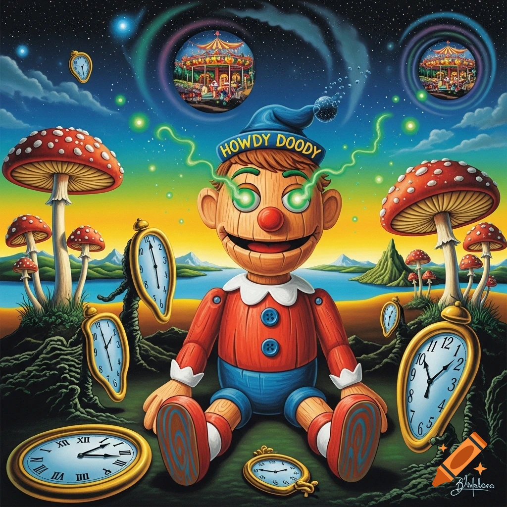 A psychedelic painting of a wooden puppet with glowing eyes, surrounded by melting clocks and red mushrooms in a surreal landscape with a starry sky.
