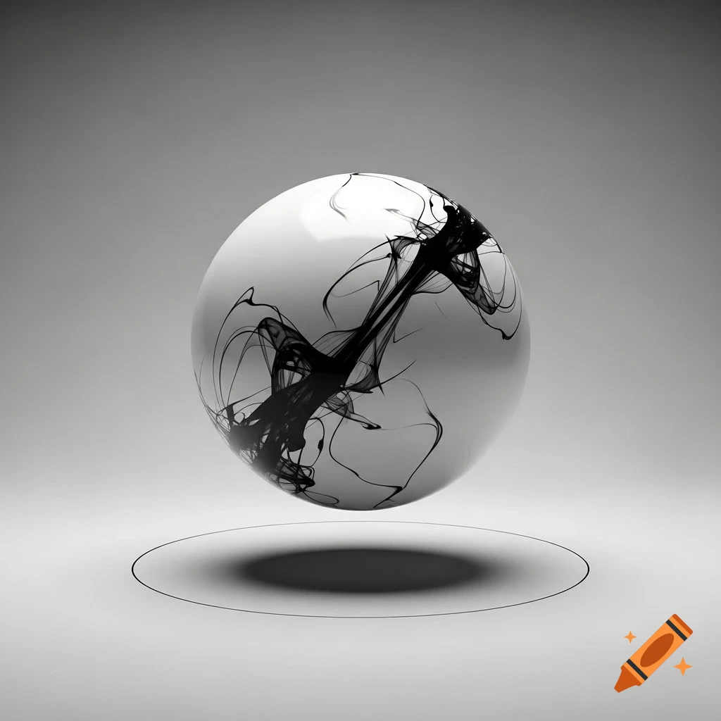 A white sphere with swirling black abstract patterns inside, floating above a surface with a shadow, in a minimalist 3D render.