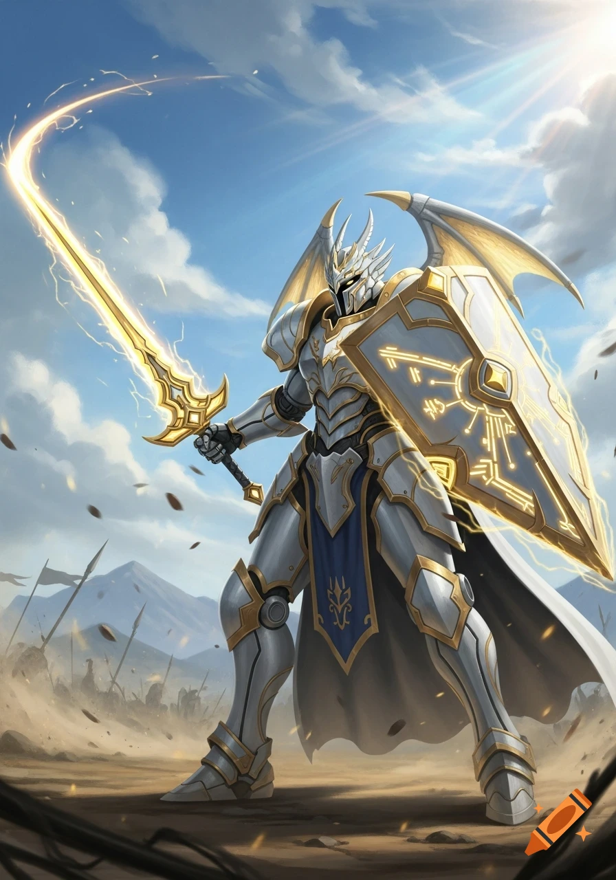 A mech knight in shining white and gold armor, wielding a glowing energy sword and shield, stands on a battlefield under a bright sky.