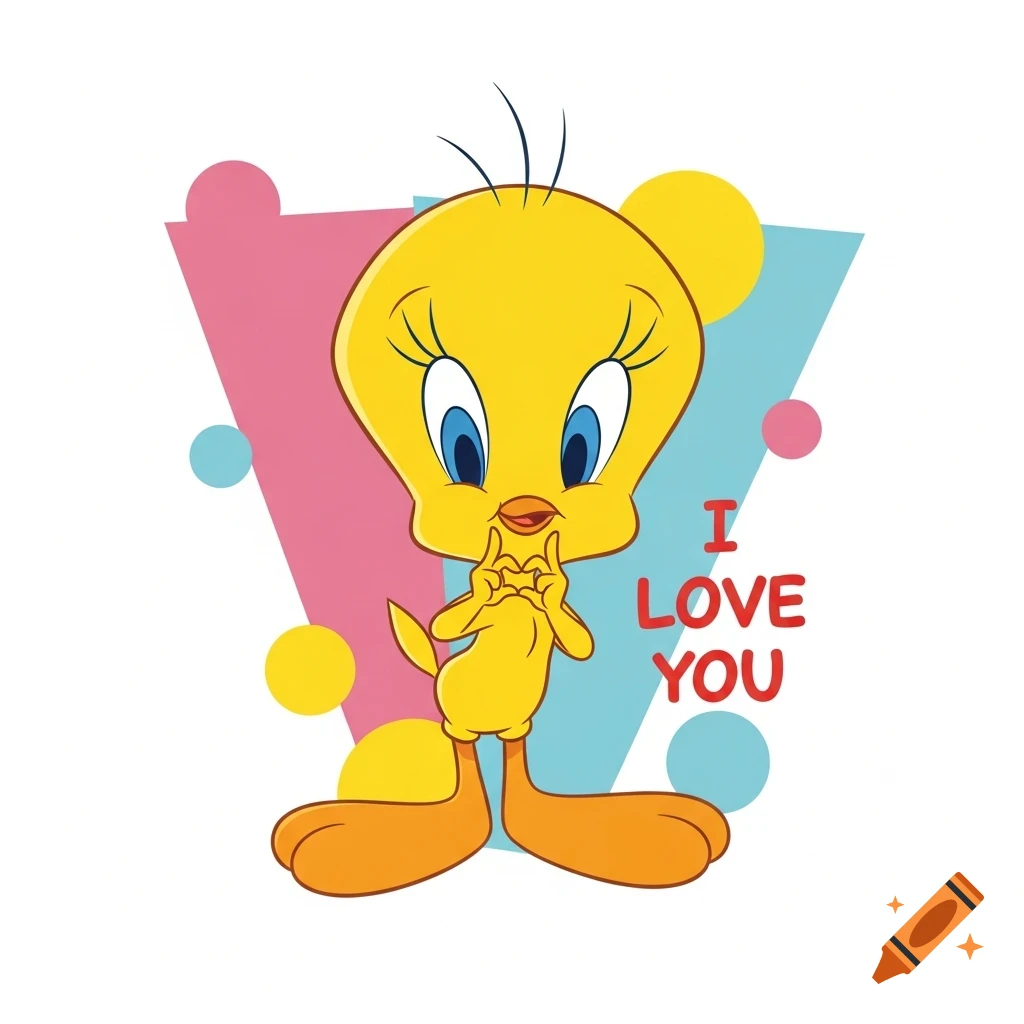Vector illustration of Tweety Bird making a sign language 'I love you' gesture, with 'I LOVE YOU' text and colorful background shapes.