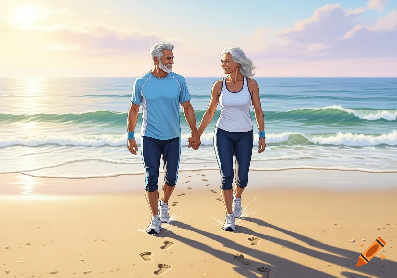 A fit senior couple walks hand-in-hand on a sandy beach by the ocean under a pastel sky.