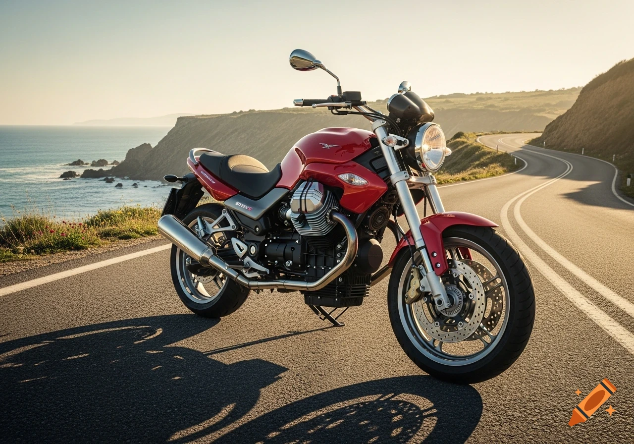 A red Moto Guzzi Breva 1100 motorcycle parked on a winding coastal road under a sunny sky, with cliffs and ocean in the background.