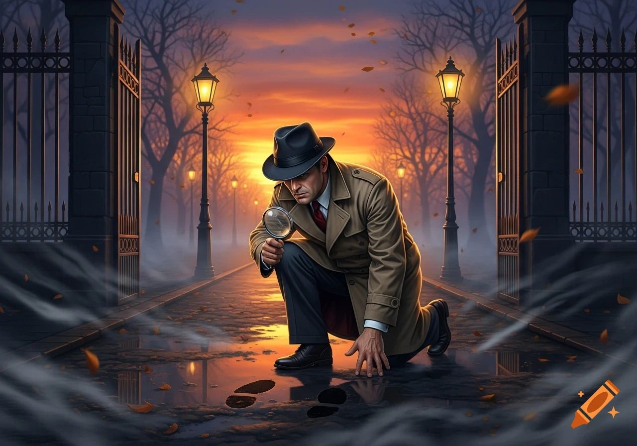 A detective kneels on a wet path at dusk, using a magnifying glass to examine footprints near open gates and street lamps.