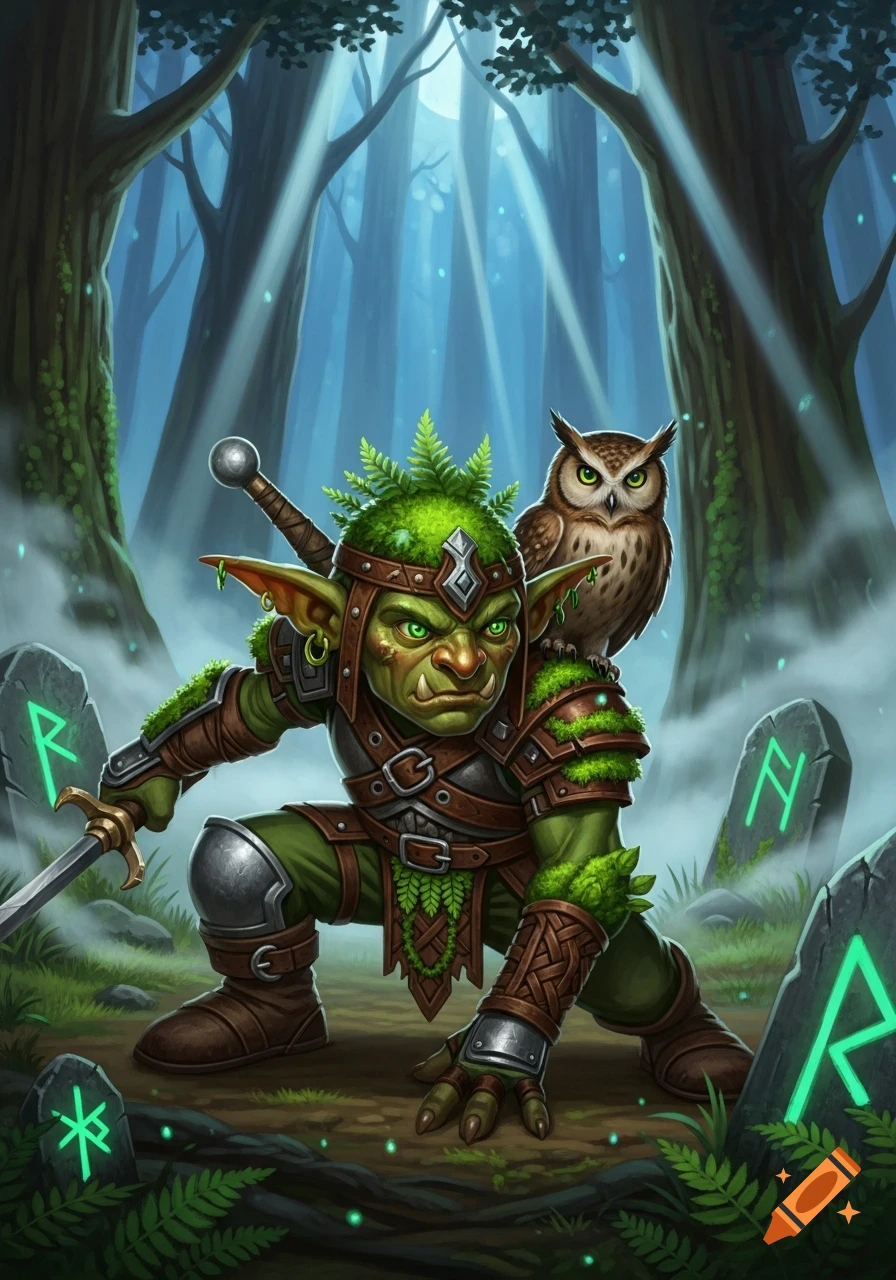 A green goblin ranger with an owl on his shoulder, holding a sword, in a magical forest with glowing rune stones. Fantasy art.