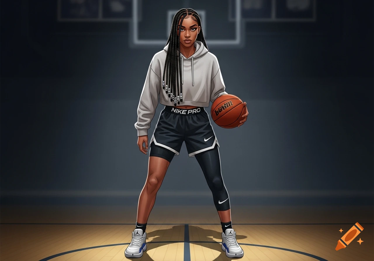 Illustrated female basketball player with long braids, wearing a hoodie and shorts, holding a basketball on a court.