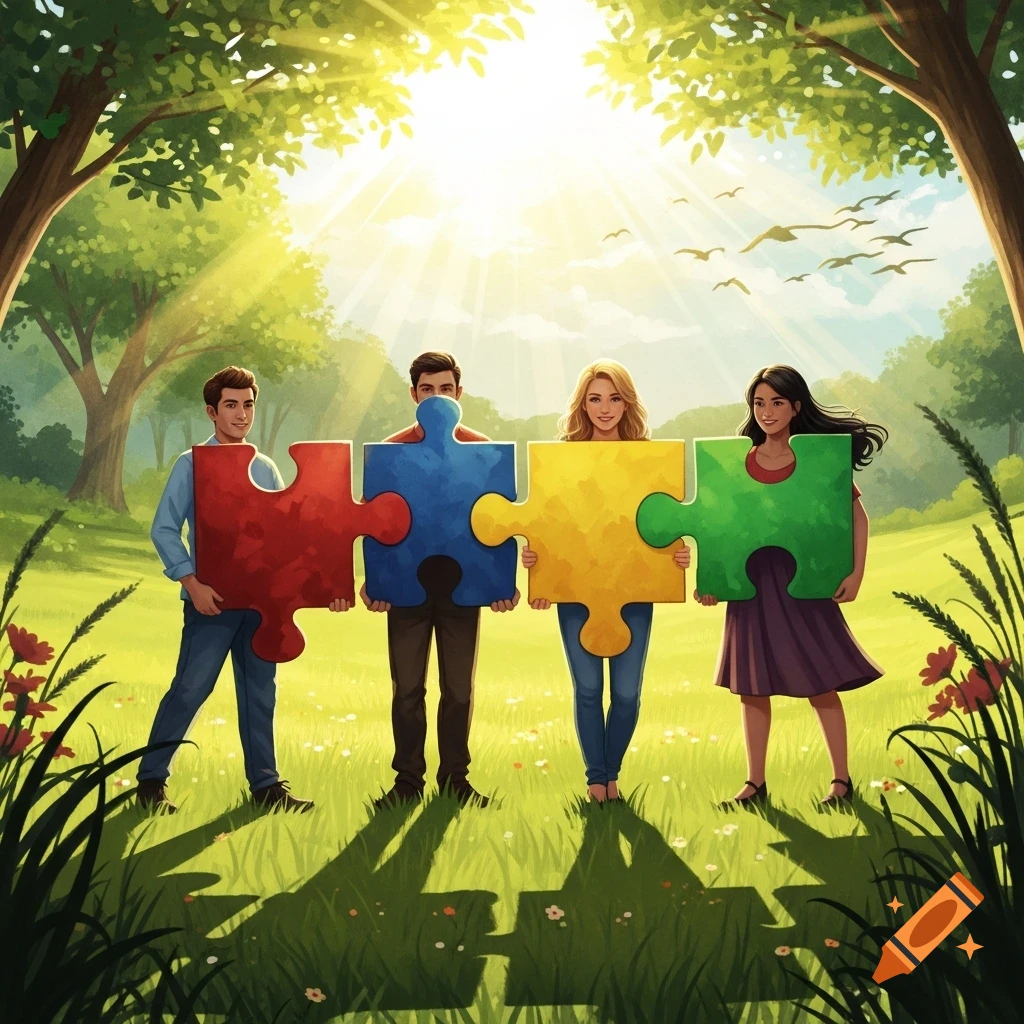 Four diverse people stand in a sunny park, holding large red, blue, yellow, and green puzzle pieces in an illustration.
