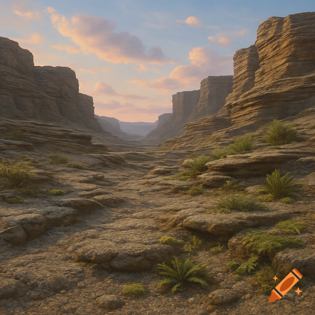 A vast, arid canyon landscape with towering sedimentary rock walls, dry ground, sparse green foliage, and a soft, cloudy sky.