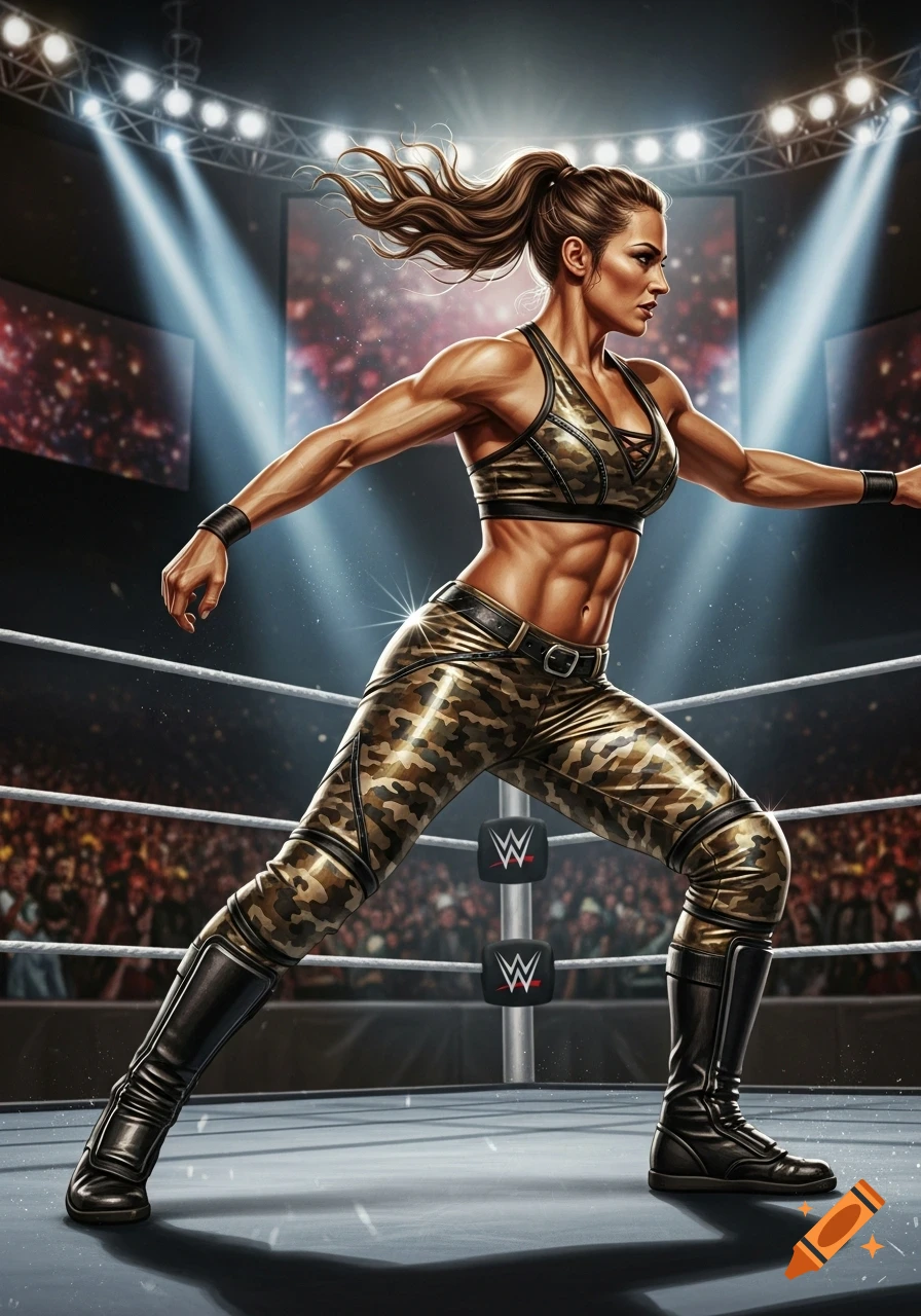 Muscular woman wrestler in a camouflage top and shiny leggings, striking a dynamic pose in a brightly lit wrestling ring.