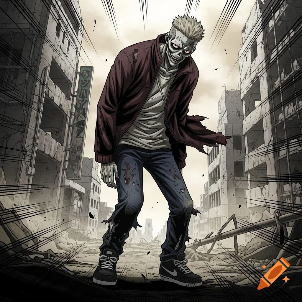 A zombie with white hair, red eyes, and tattered clothes walks through a ruined city in a stylized anime/manga art style.
