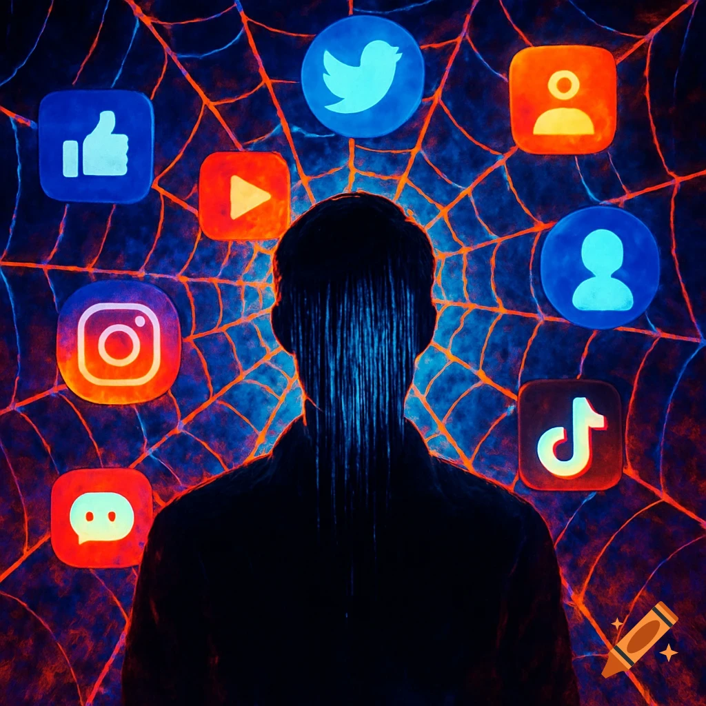 Silhouette of a person with long hair or drips, surrounded by glowing social media icons like Twitter, Instagram, and TikTok, against a red spiderweb background.