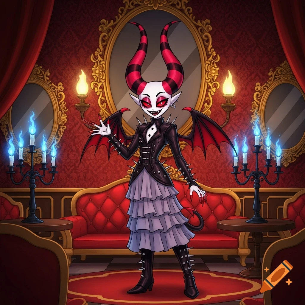 Fancy Demons A cartoon demon character with red and black striped horns, bat wings ...