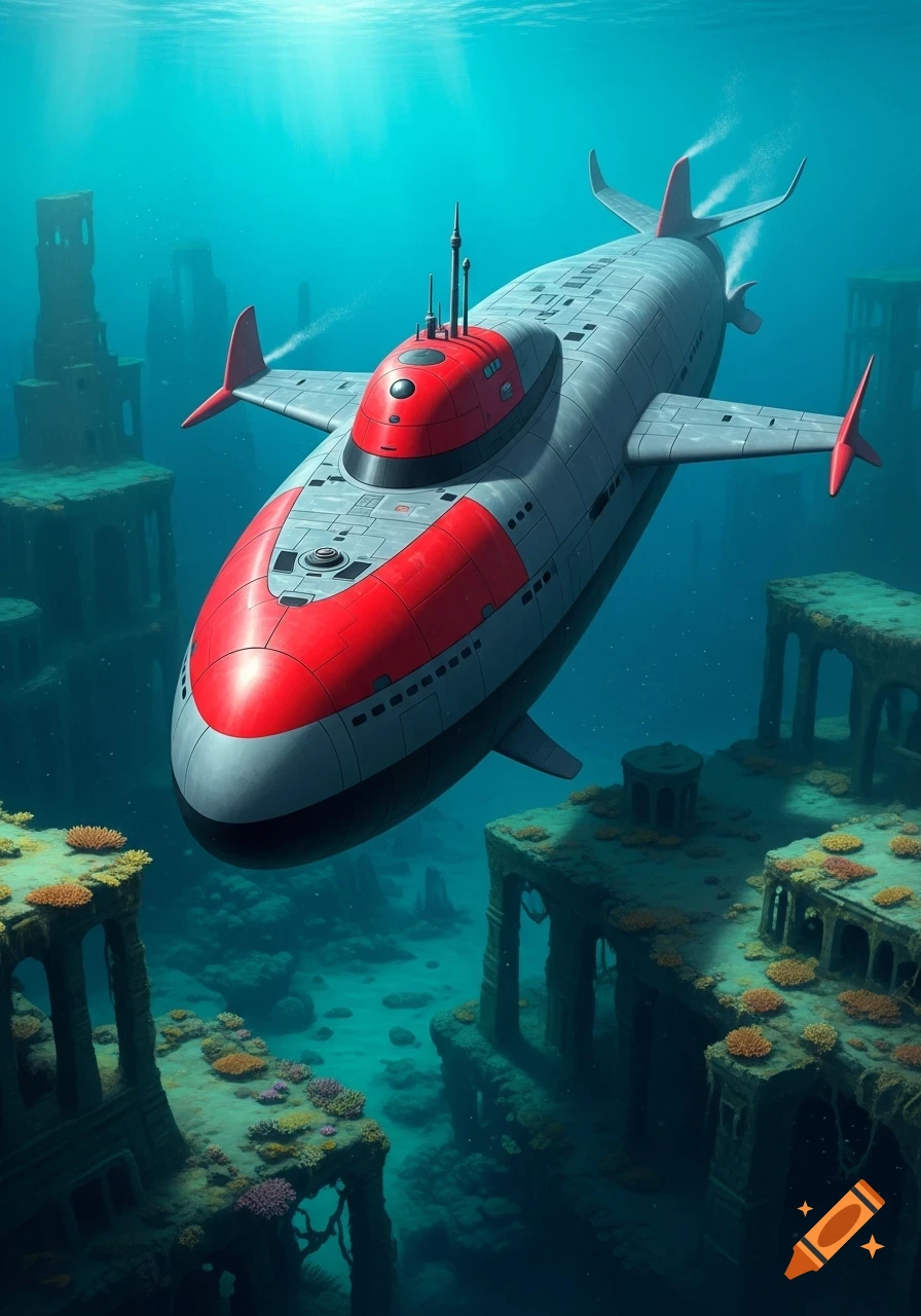 A red and grey futuristic submarine with hydroplanes and fish-like tailfins explores ancient underwater ruins.
