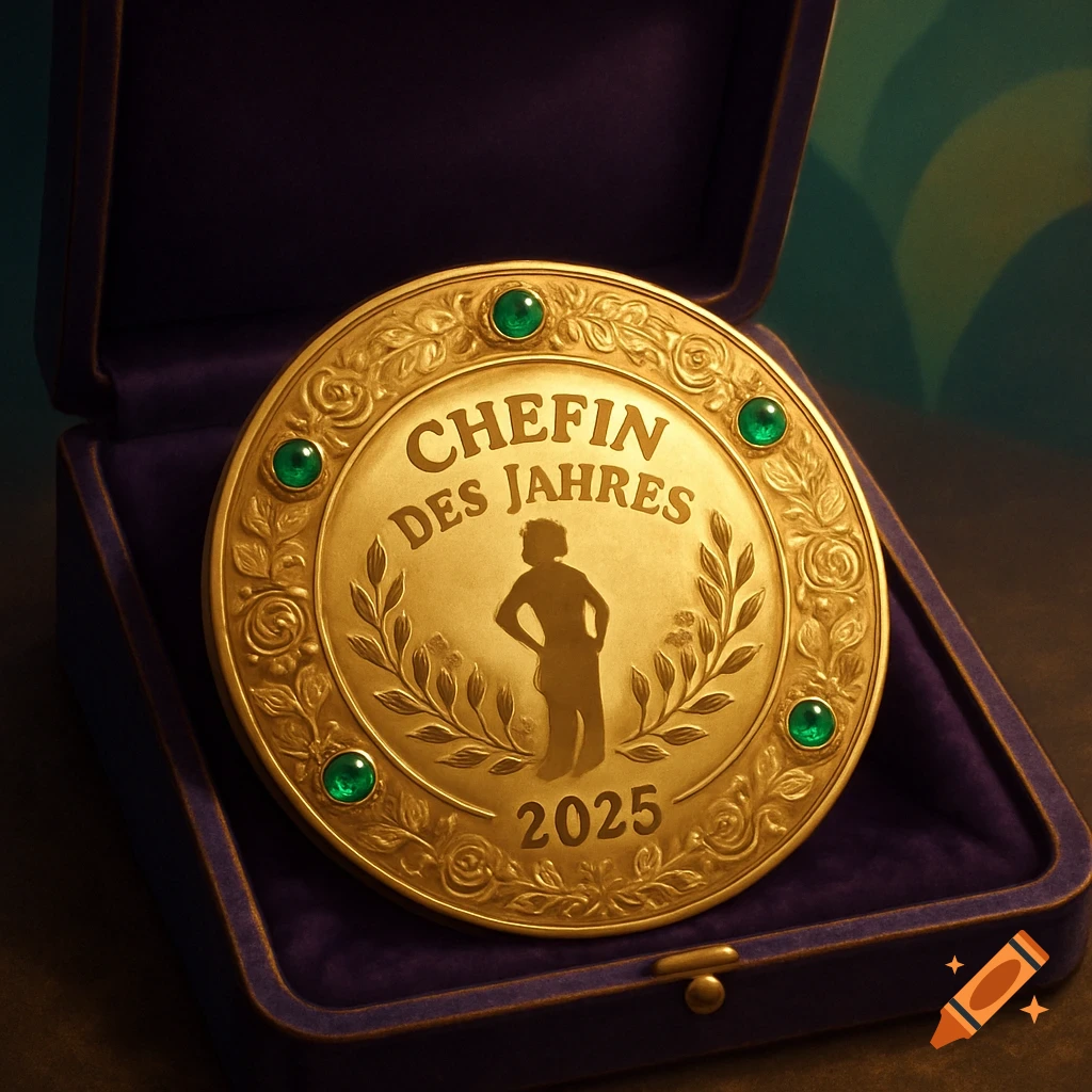 A golden medal with green gems, engraved with "CHEFIN DES JAHRES 2025" and a silhouette of a woman, resting in a velvet box.