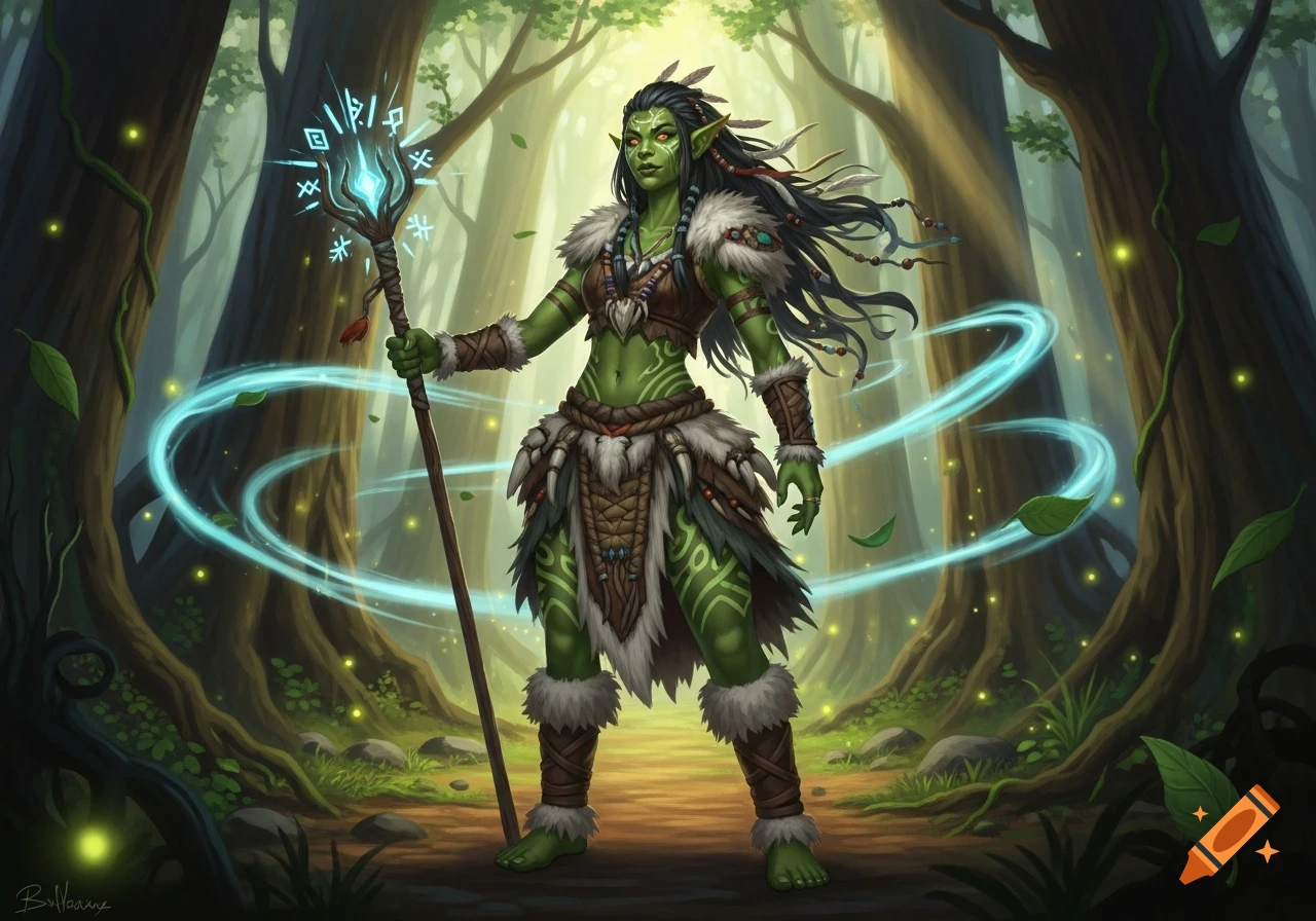 Digital painting of a green-skinned female orc shaman holding a glowing staff in a magical forest.