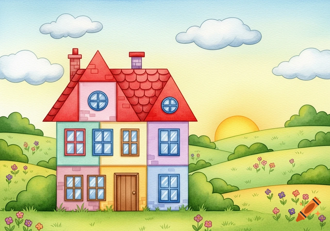 Whimsical watercolor illustration of a colorful house in a green country landscape with hills, flowers, and a sunset.