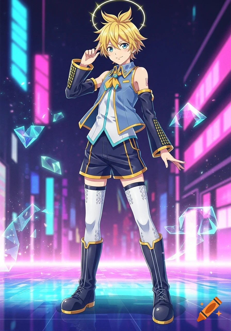 Anime character Kagamine Len in a blue and yellow outfit, thigh-high socks, and boots, posing in a glowing futuristic city with floating crystals.