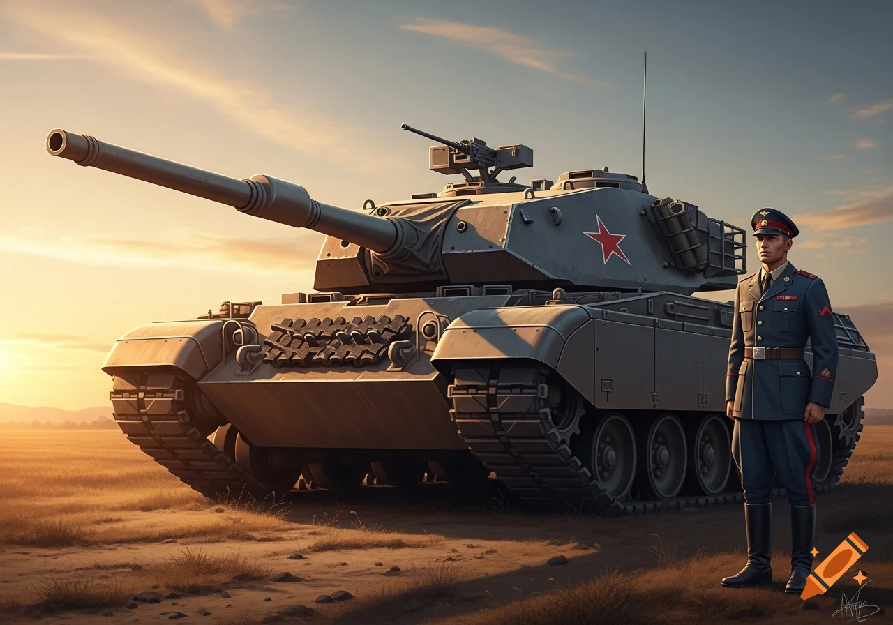 A photorealistic image of a Soviet-style tank with a red star emblem, parked in a dry, open field at sunset, with a soldier in a dark uniform standing to its right.