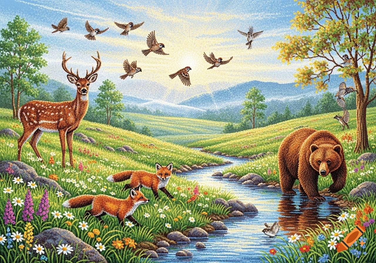 A vibrant pointillist landscape featuring a deer, two foxes, a bear, and birds by a stream, surrounded by green hills and flowers.