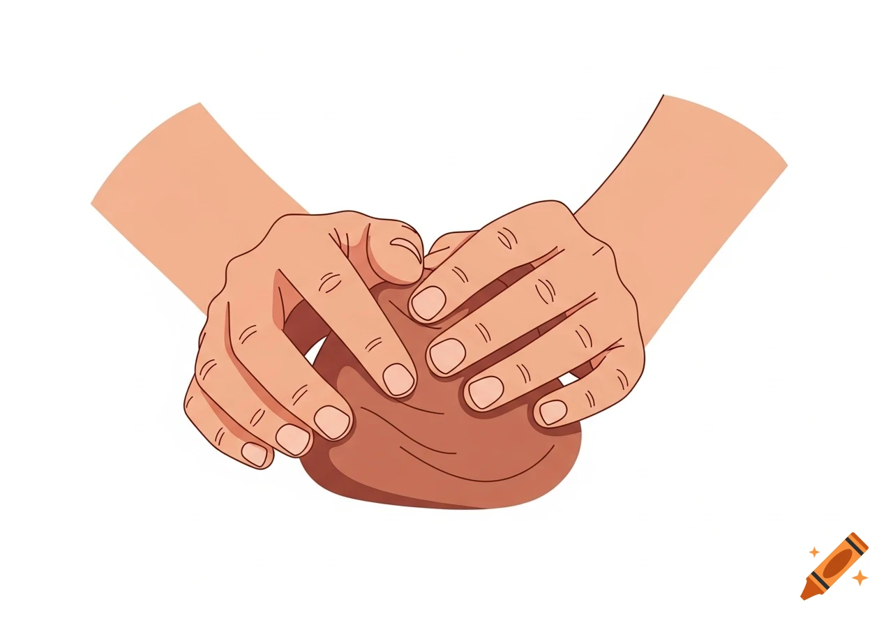 Cartoon illustration of two hands molding a lump of brown clay on a white background.