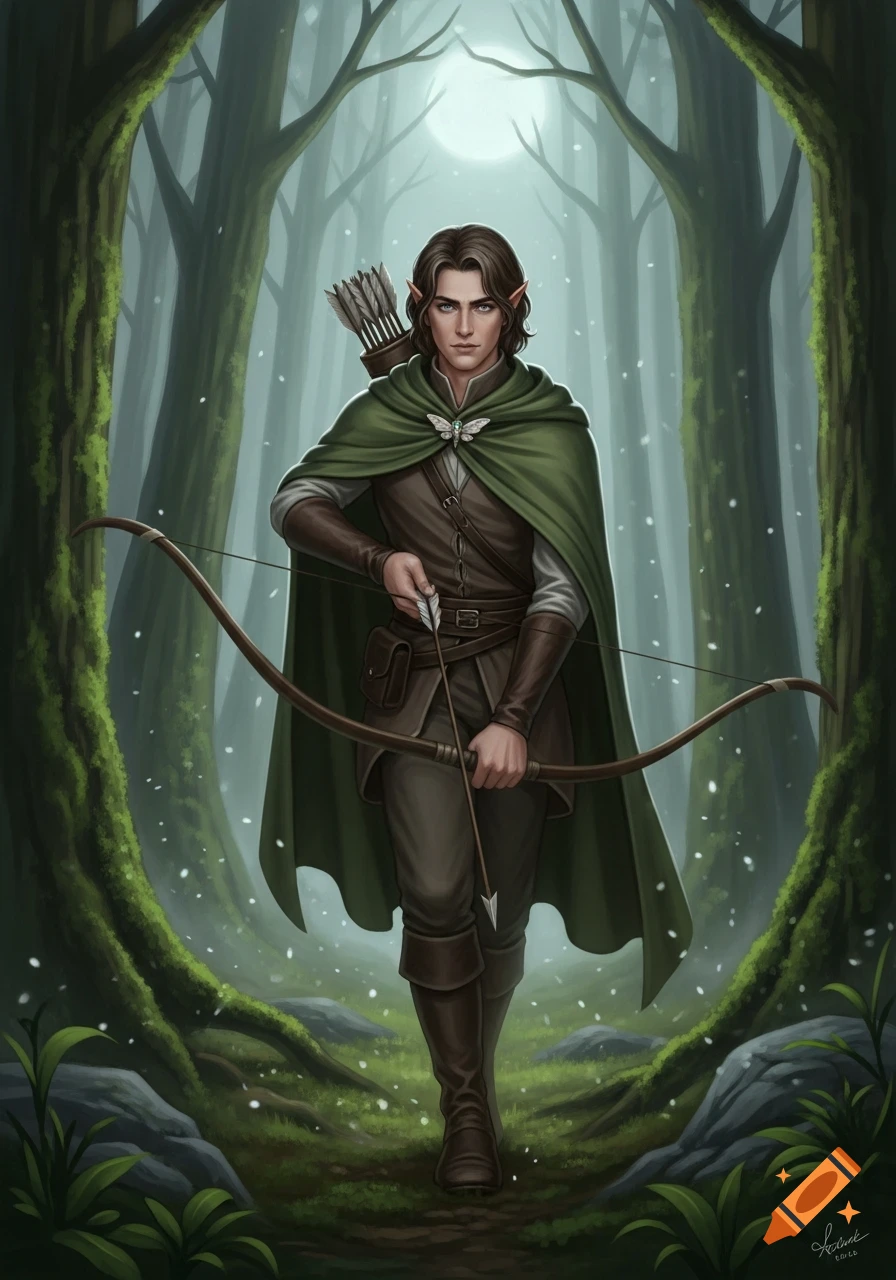 A lean half-elf ranger with brown hair and a green cloak holds a bow and arrow in a moonlit forest. Digital painting.