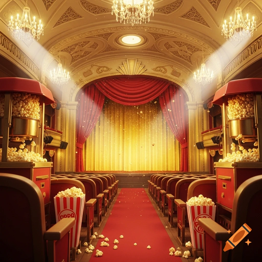 A grand, empty cinema theater with a red carpet leading to a stage. Popcorn machines and cups are in the foreground.