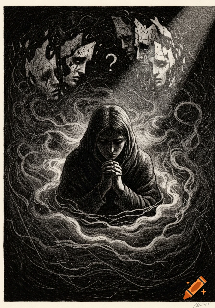 Dark Goya-style engraving of a person praying, surrounded by swirling lines and distressed, cracked faces with a question mark.