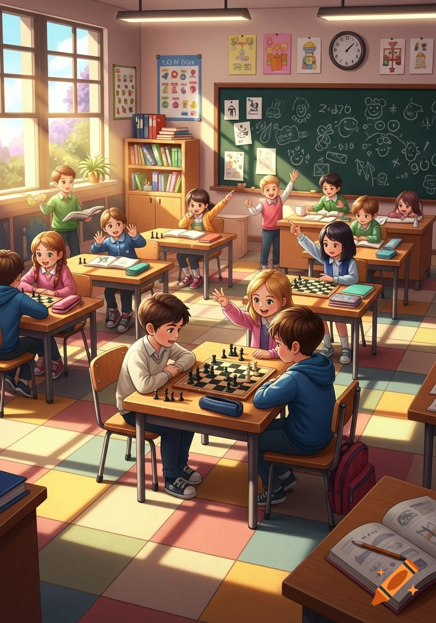 An illustration of happy diverse children playing chess and interacting in a sunlit classroom.