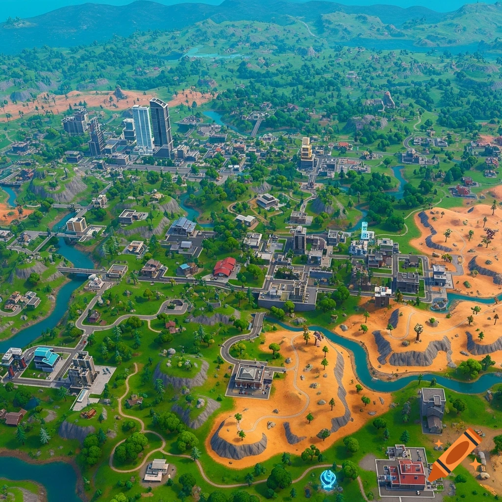 Aerial view of a colorful, stylized Fortnite map with a city, rivers, green landscapes, and a sandy desert area.
