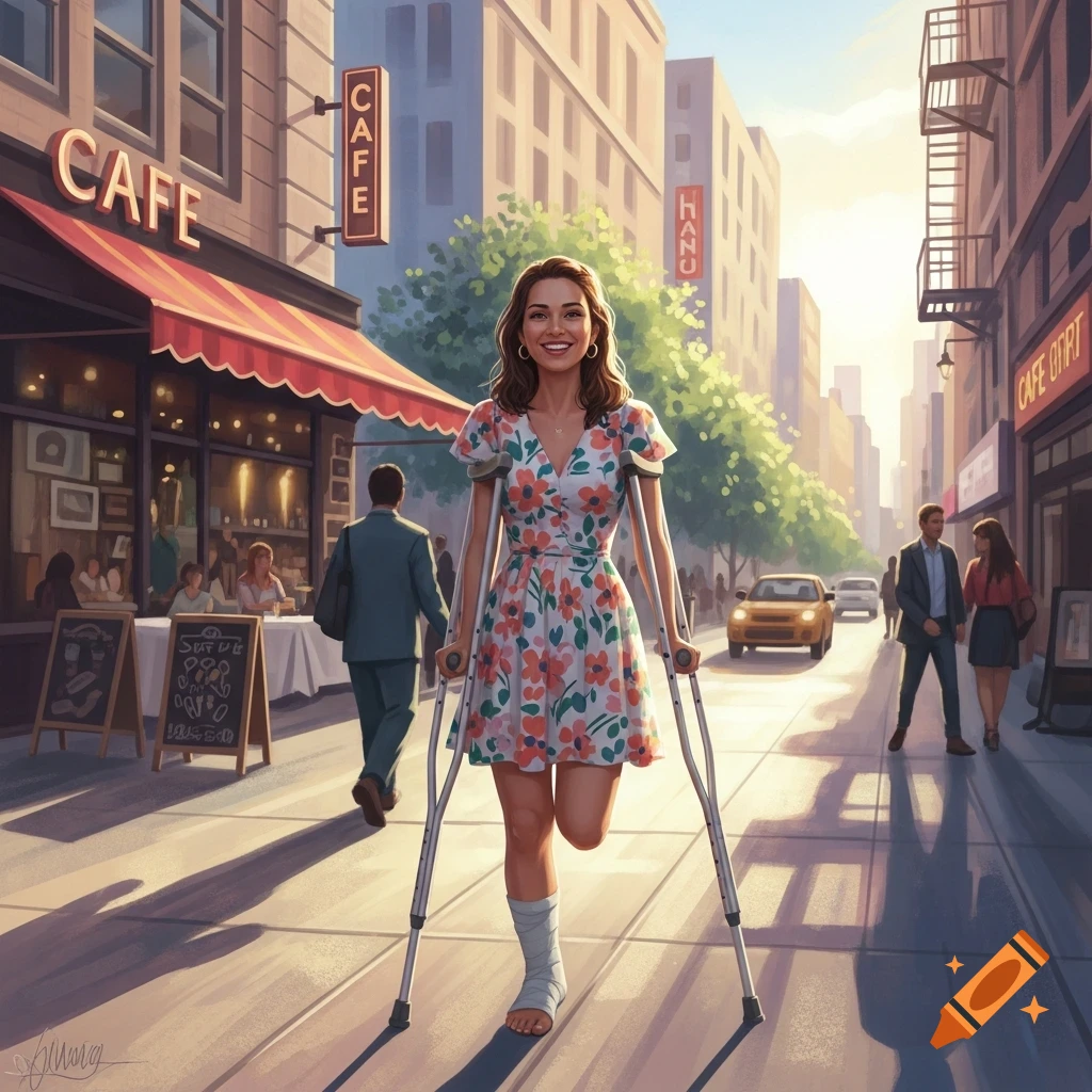 Smiling woman in a floral dress walking with crutches and a sprained ankle on a sunny city street.