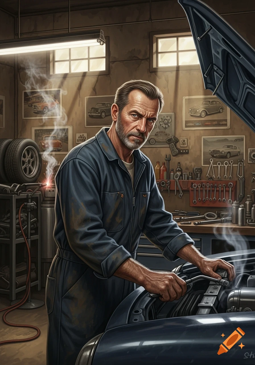 A bearded man in a dark blue jumpsuit works on a car engine in a detailed garage with tools and car diagrams.