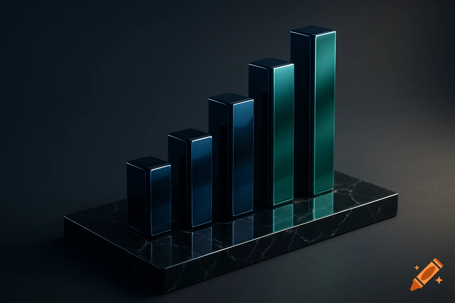 A 3D bar chart with five metallic bars of increasing height, the tallest two in teal, on a black marble base.