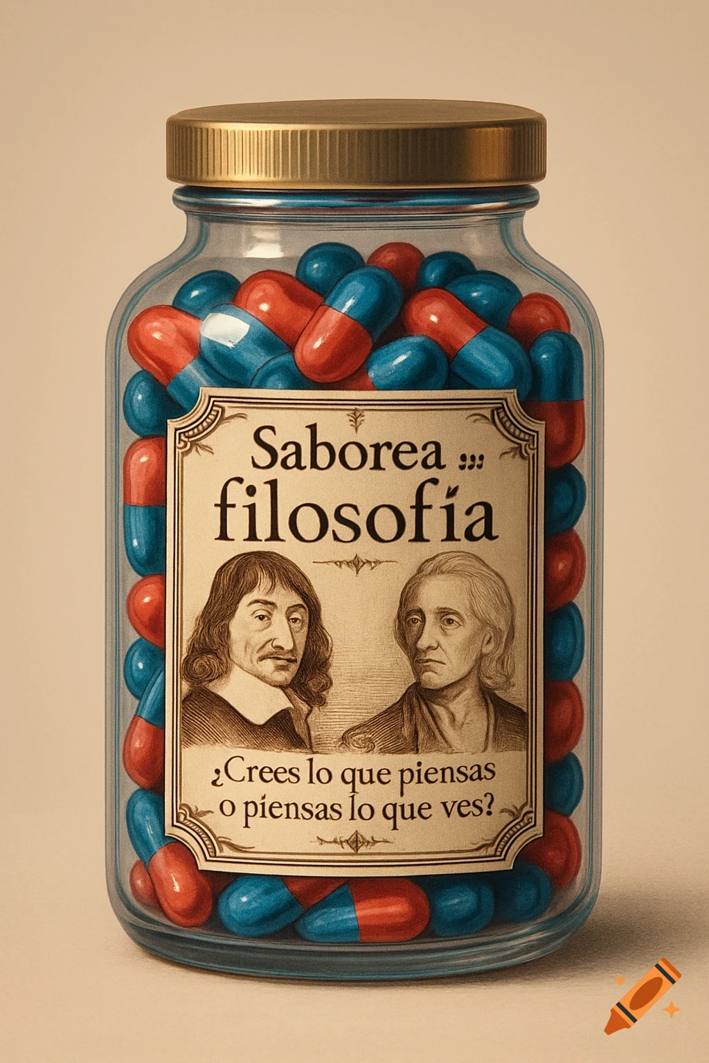 A clear glass jar filled with red and blue pills. Its label features portraits of René Descartes and John Locke, and reads "Saborea ::: filosofía" and "¿Crees lo que piensas o piensas lo que ves?"