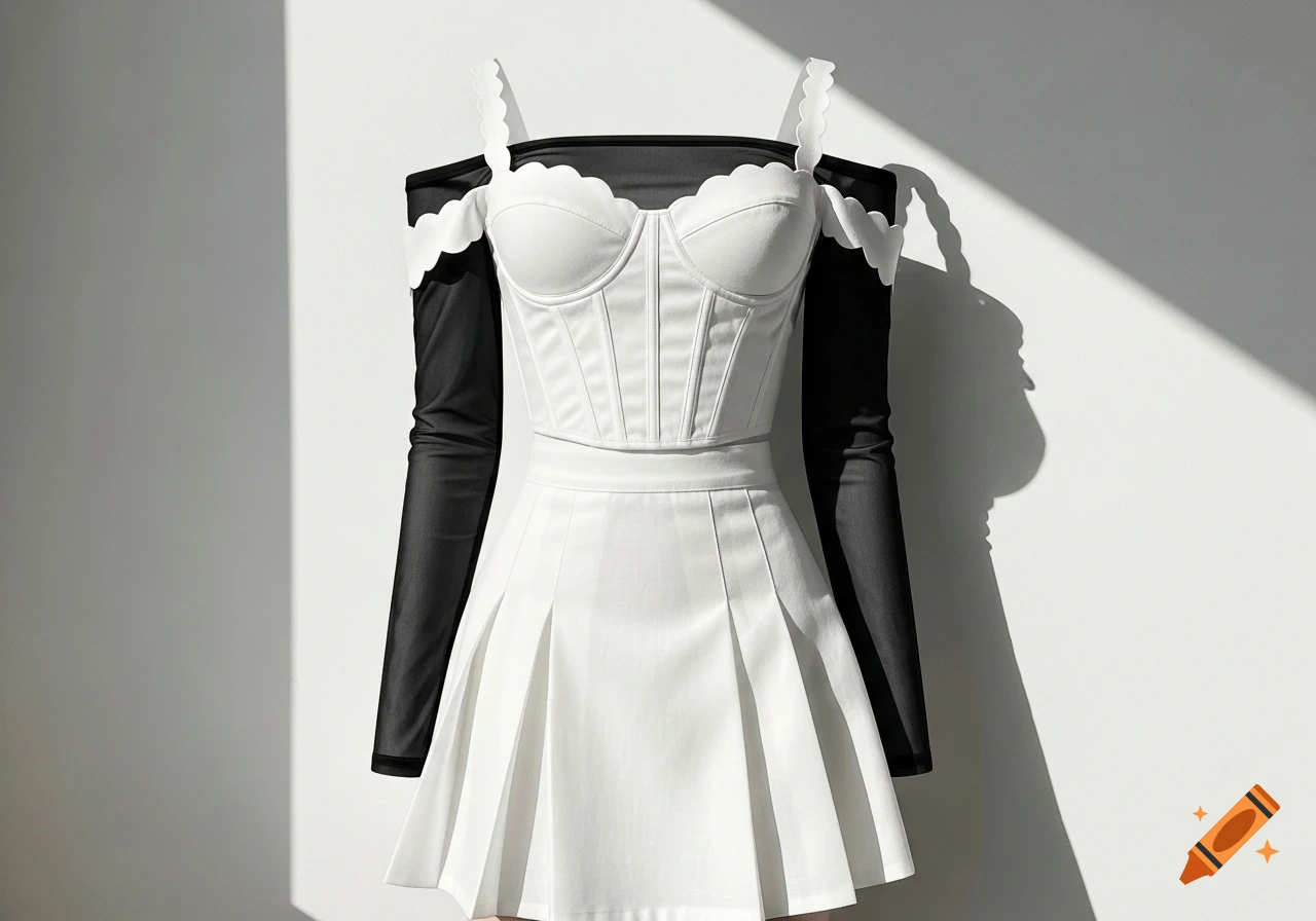 White pleated skirt and corset top with scalloped straps over black sheer long sleeves, against a white wall with shadows.
