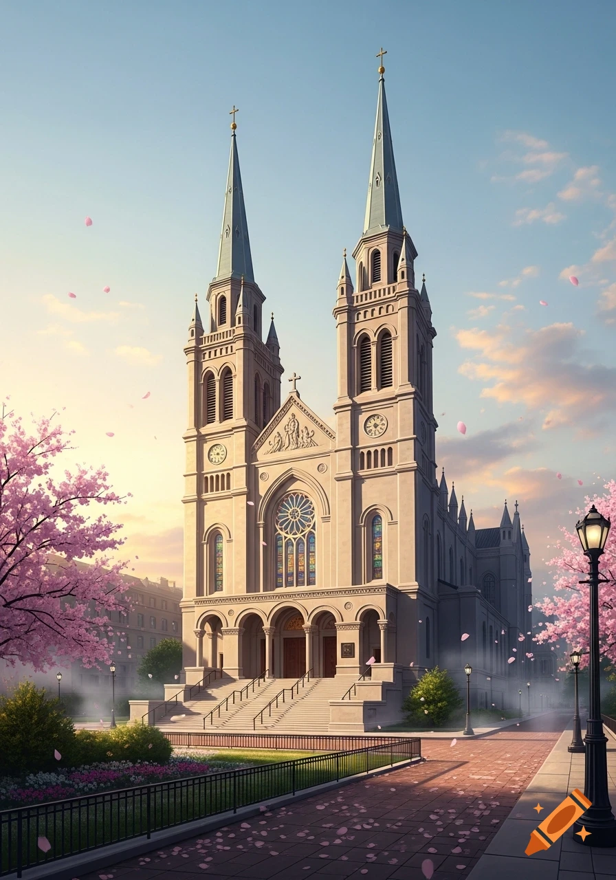 A grand church with two spires and stained glass windows, surrounded by vibrant pink cherry blossom trees and falling petals under a soft sunset sky.
