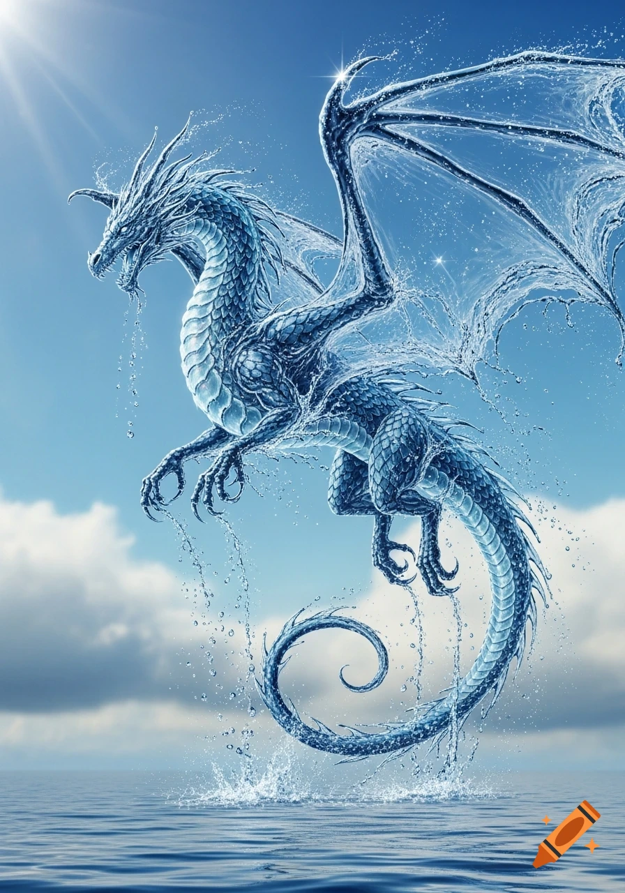 A majestic blue water dragon with transparent wings flies from the ocean, splashing water under a bright blue sky.