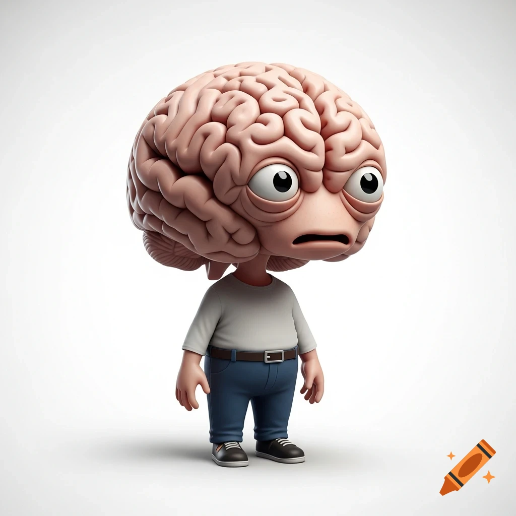 3D cartoon character with a large brain for a head, wearing a grey t-shirt and blue jeans, looking worried on a white background.