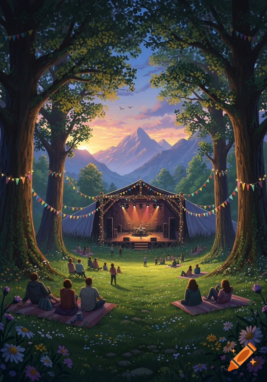 A vibrant digital art illustration of an outdoor music festival stage framed by large trees, with an audience on the grass and mountains at sunset.