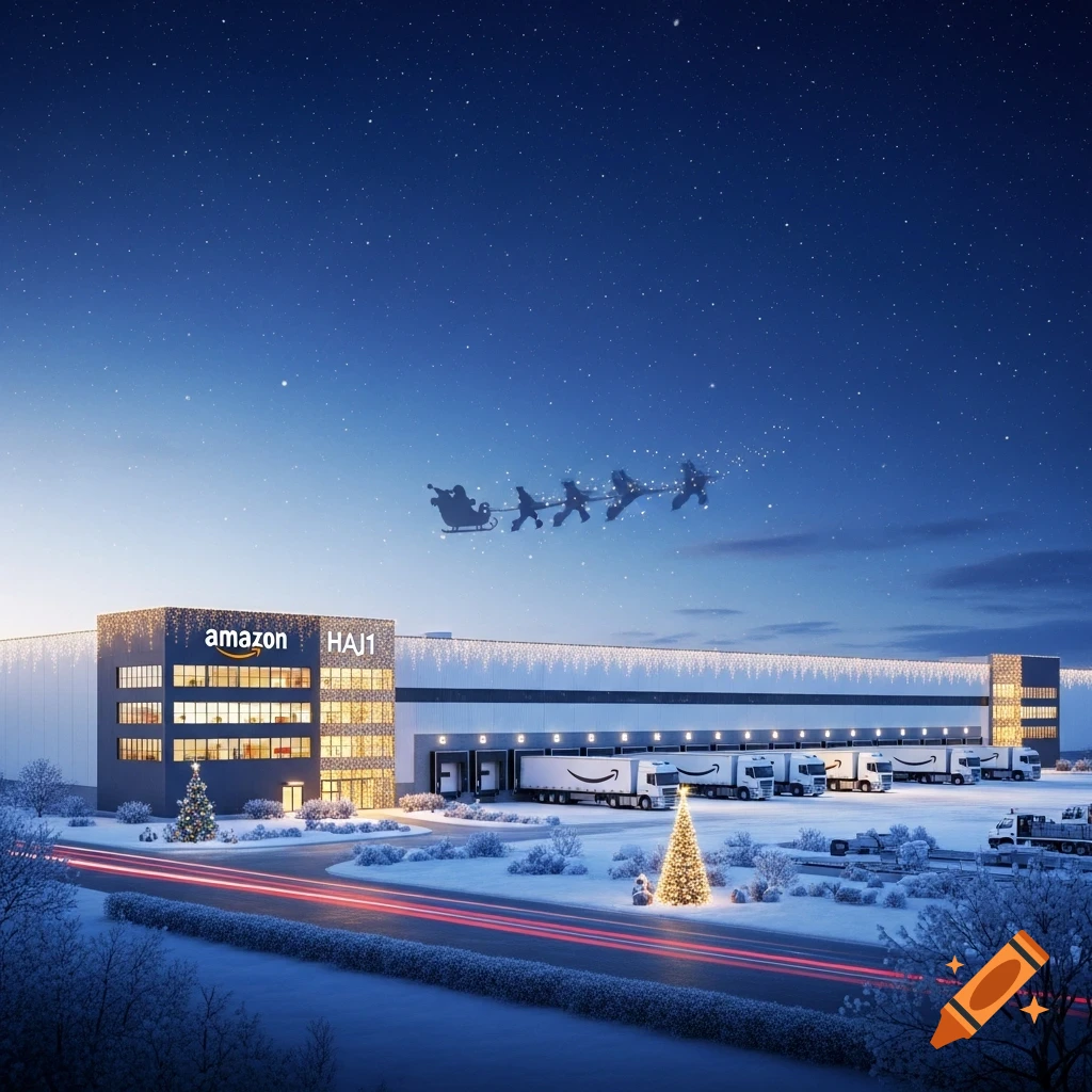 Amazon HAJ1 warehouse at night, covered in snow and Christmas lights, with trucks and Santa's sleigh flying above.