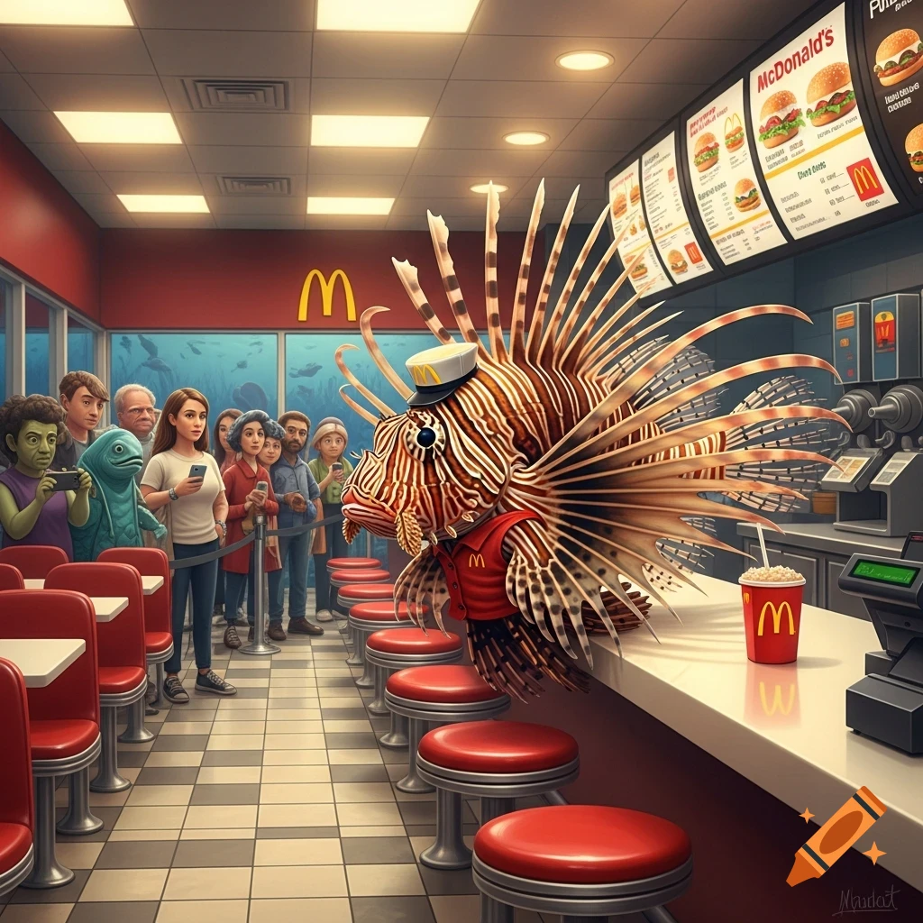 A stylized image shows a lionfish in a McDonald's uniform behind the counter, serving a line of diverse cartoon people. An underwater scene is visible through the windows.
