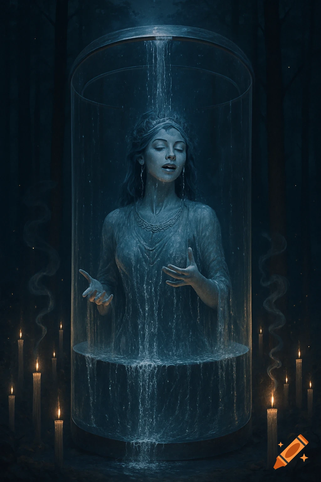 A goddess is showered by water inside a glass cylinder in a dark, candlelit forest, creating a mystical scene.