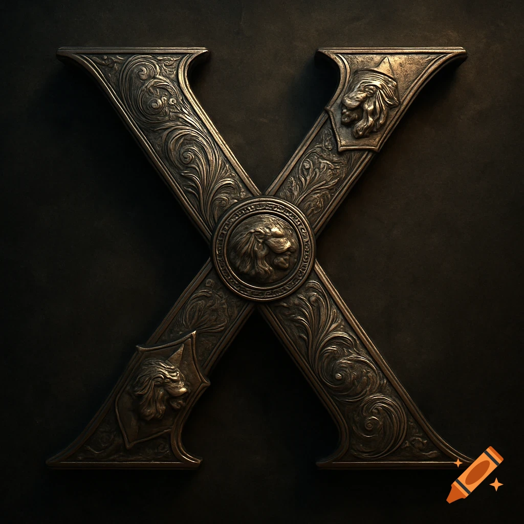 A detailed, ornate bronze letter X adorned with medieval-style scrollwork and lion head medallions on a dark background.