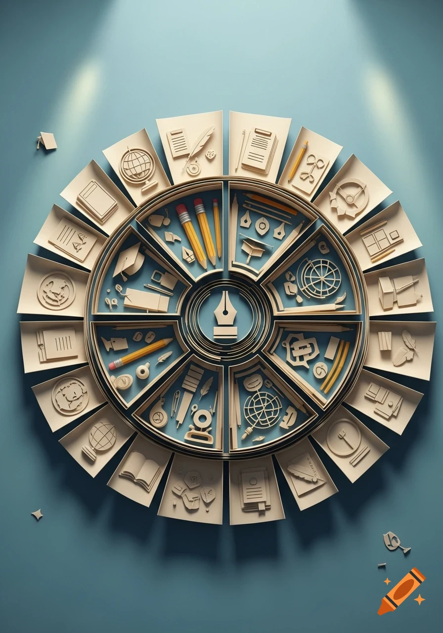 Circular paper art display of educational and creative tools like pencils, globes, and books on a light blue background.