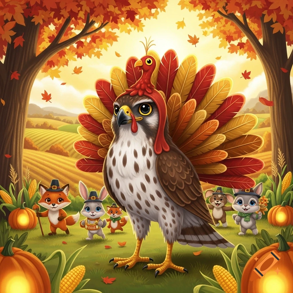 Cute hawk leader dressed as a turkey, with foxes, rabbits, and mice in pilgrim hats, surrounded by pumpkins and corn in an autumn field illustration.