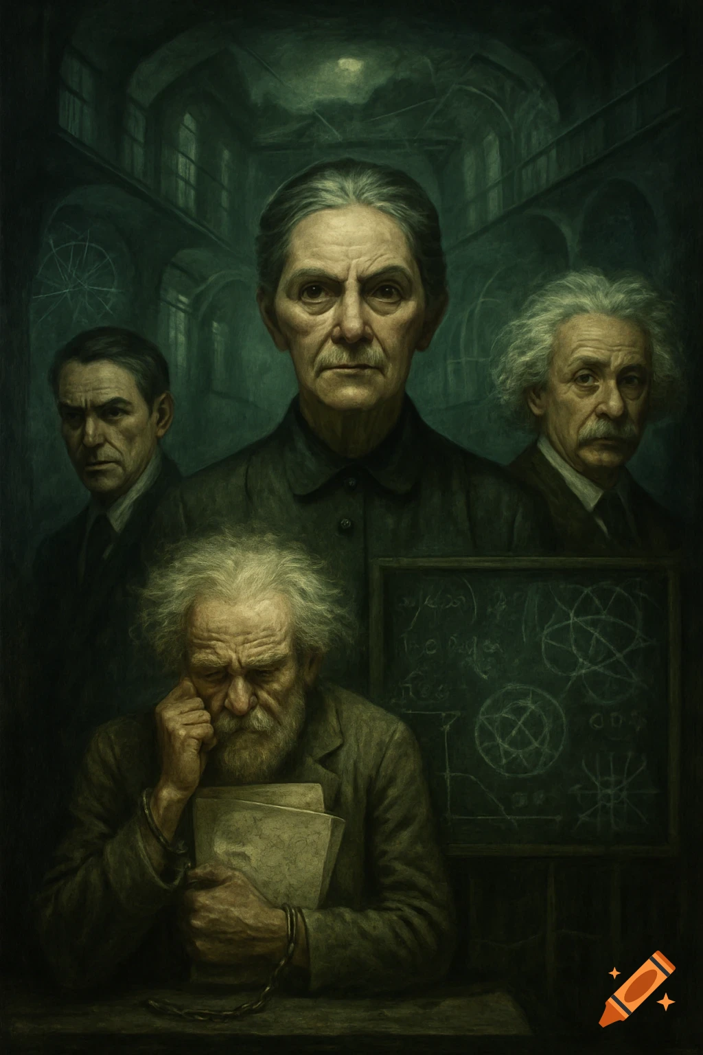 A dramatic, dark-toned painting depicts four grim-faced men, likely scientists, in an institutional setting. One old, white-haired man is chained at a desk, holding papers, while a blackboard with scientific symbols stands beside him. Three other men with intense expressions appear behind him.